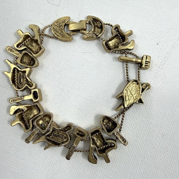 Vintage TOFA Gold Tone Charm Bracelets Lot Angels Moon Garden Tools Signed 1990s - Picture 5 of 11